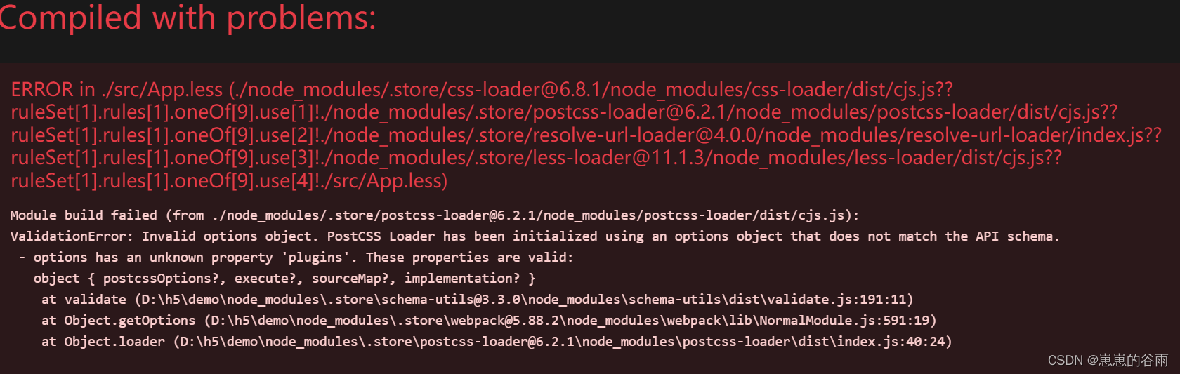 Invalid options object. PostCSS Loader has been initialized using an options object that does not match the API schema.